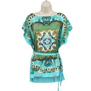Renuar Boho Shirt Women Coquette Statement Paisley Tunic Belted Dolman Size M